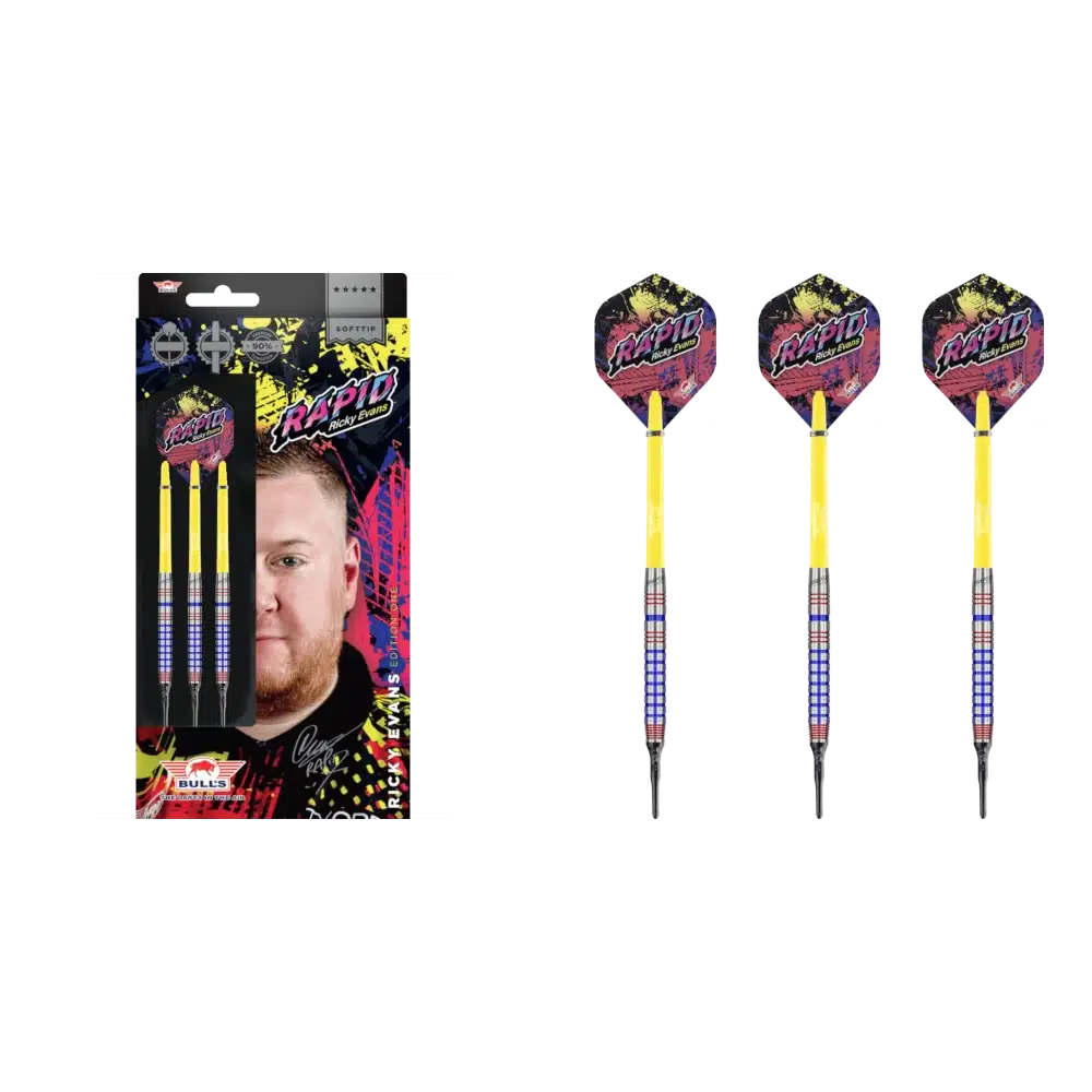 Bull's NL Ricky Evans E1 Softdart 90% 03 Bull's NL Ricky Evans E1 Softdart 90% (Lieferumfang: 3x Barrel, 3x Spitzen, 3x Flights, 3x Schäfte)