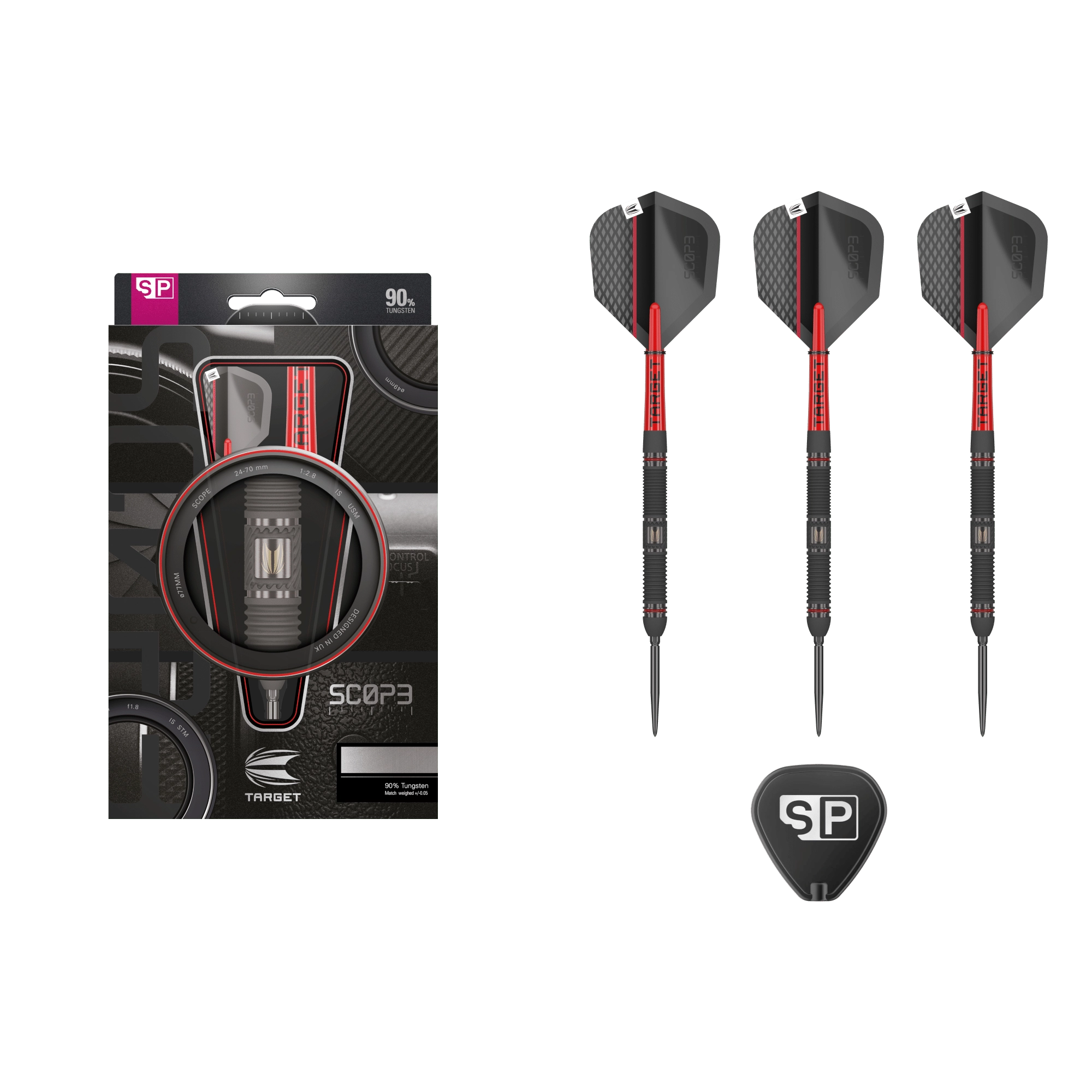 Target Scope 01 Swiss Point Steeldart 90% 03 Target Scope 01 Swiss Point Steeldart 90% (Lieferumfang: 3x Barrel, 3x Spitzen, 3x Flights, 3x Schäfte, 1x Swiss Tool)