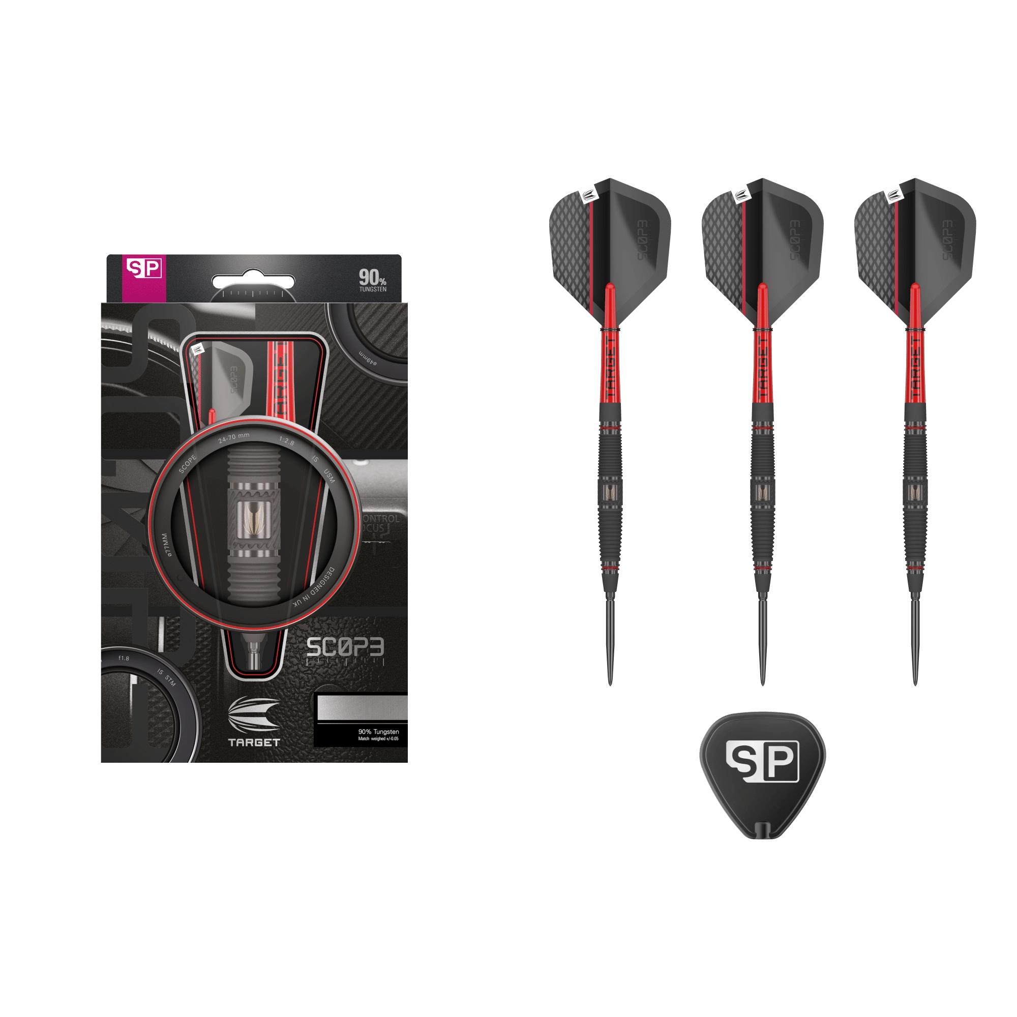 Target Scope 04 Swiss Point Steeldart 90% (Lieferumfang: 3x Barrel, 3x Spitzen, 3x Flights, 3x Schäfte, 1x Swiss Tool)