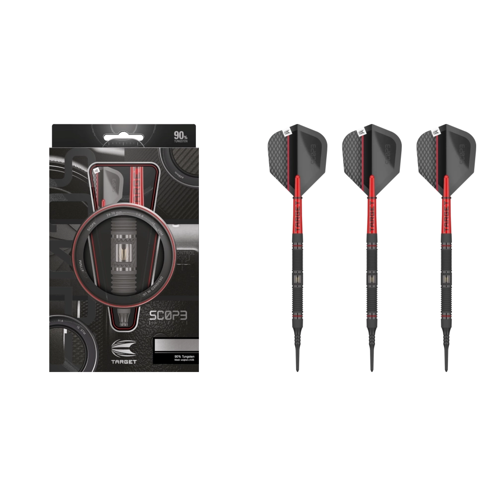 Target Scope 10 Softdart 90% 03 Target Scope 10 Softdart 90% (Lieferumfang: 3x Barrel, 3x Spitzen, 3x Flights, 3x Schäfte)